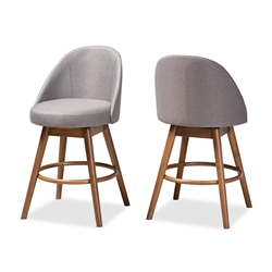 Baxton Studio Carra Mid-Century Modern Grey Fabric Upholstered Walnut-Finished Wood Swivel Counter Stool (Set of 2)